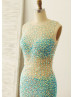 Sexy Sheer Blue Beaded Tulle Long Prom Dress
